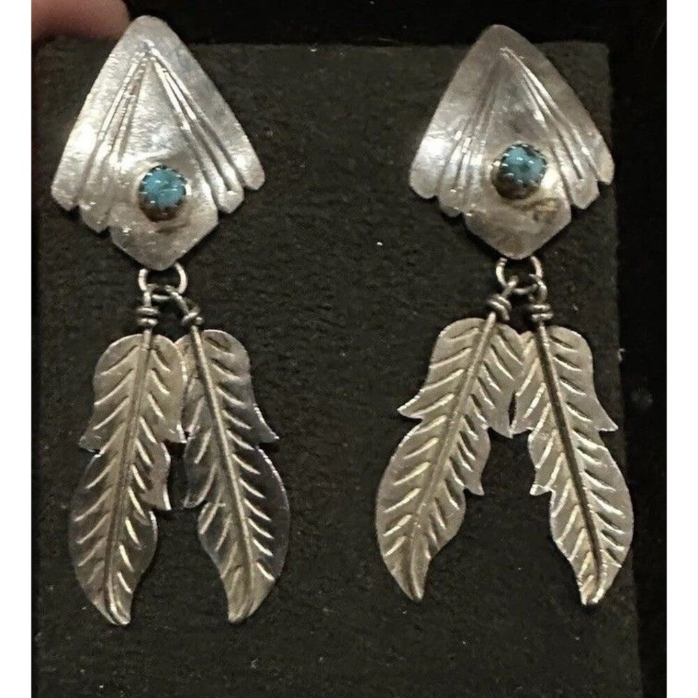 Vintage Sterling Silver Turquoise Feather Dangle Earrings Southwestern